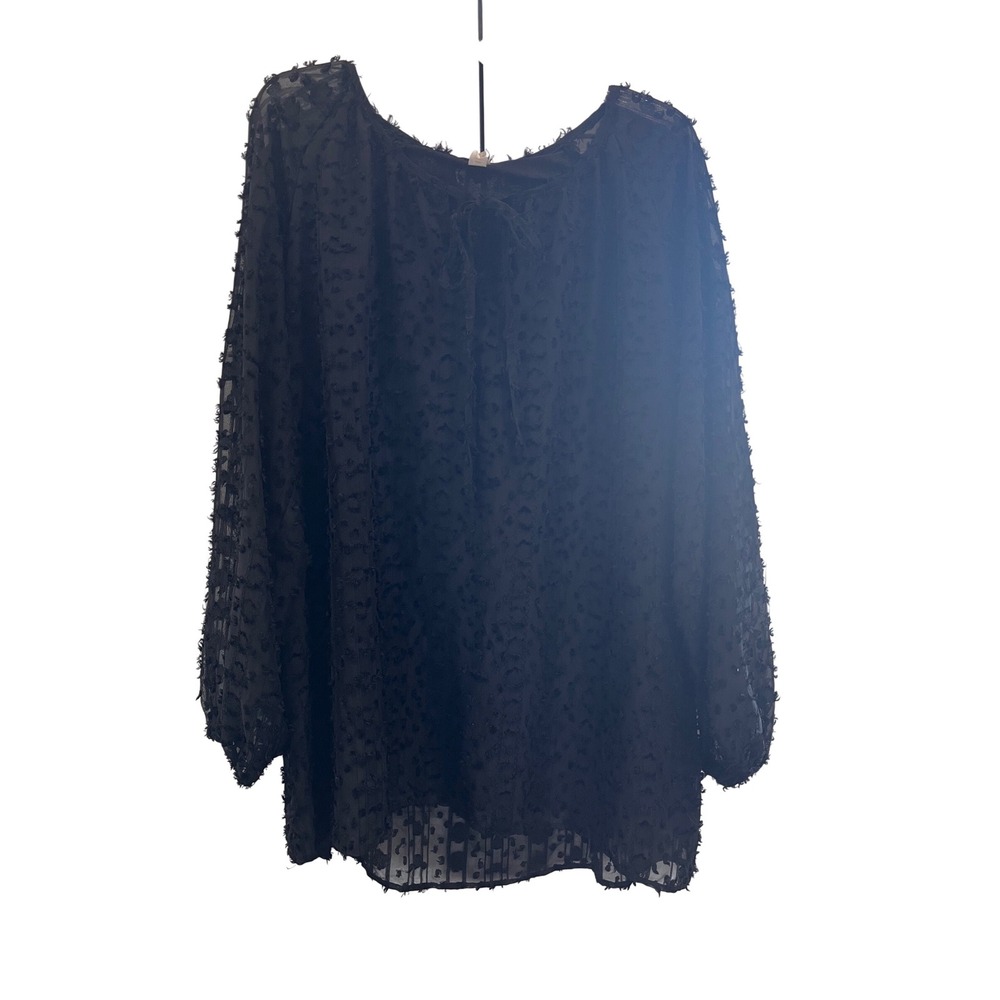 J Love Black Eyelash Textured Dot Sheer Blouse Long Sleeve‎ Top 2XL
